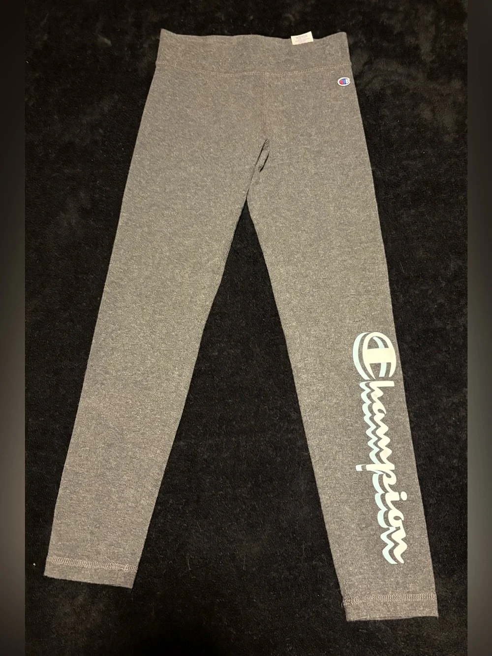Champion Leg script logo gray leggings size girls medium 21” inseam VGC